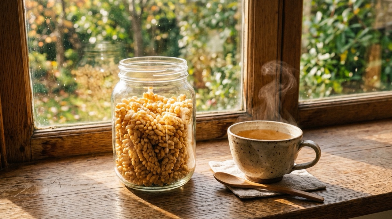 好米芽爆米麵的產品罐裝/包裝照,搭配一杯玄米茶的生活情境擺拍