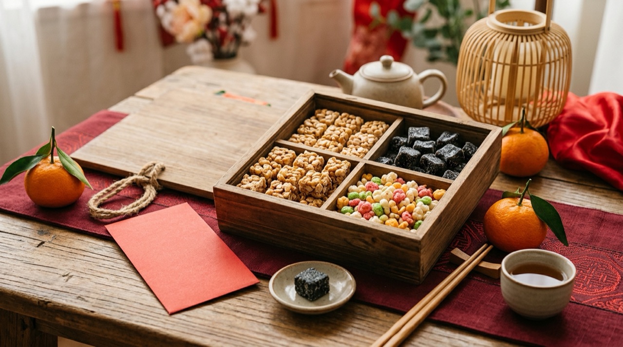 過年禮盒開盒俯拍,手工酥糖、黑芝麻軟糖、原味小米果分格排列,旁邊點綴紅色春節元素