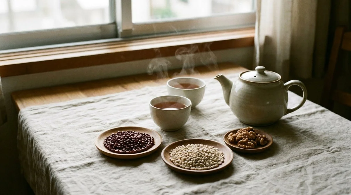 家庭餐桌上的米餅與熱茶