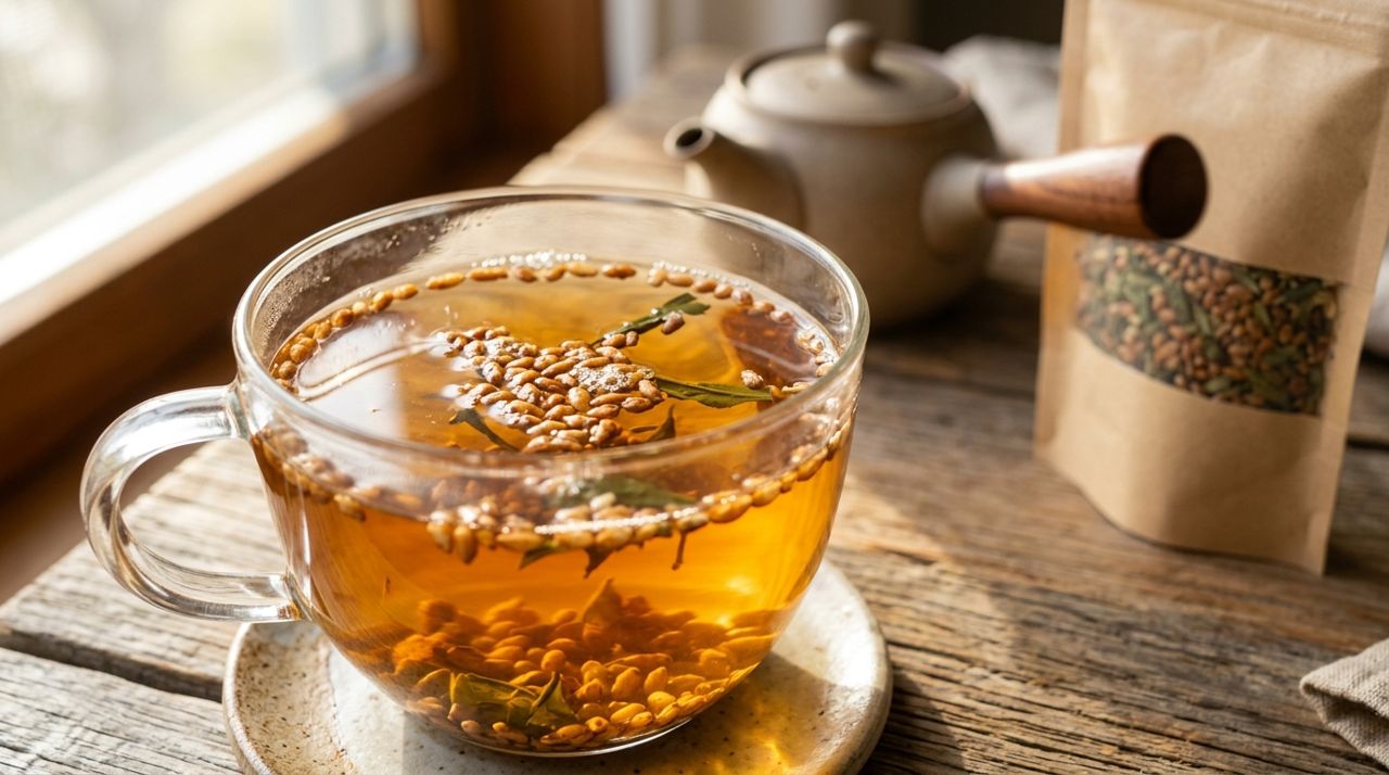 好米芽|玄米茶沖泡後的琥珀色茶湯特寫